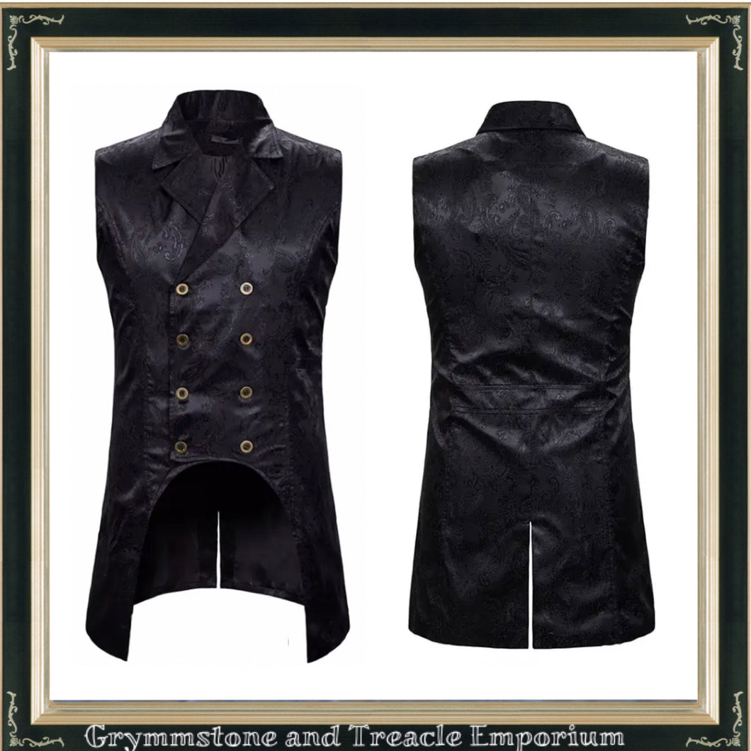 Victorian Gothic Tailed Black Brocade Double-Breasted Waistcoat with Lapel Collar