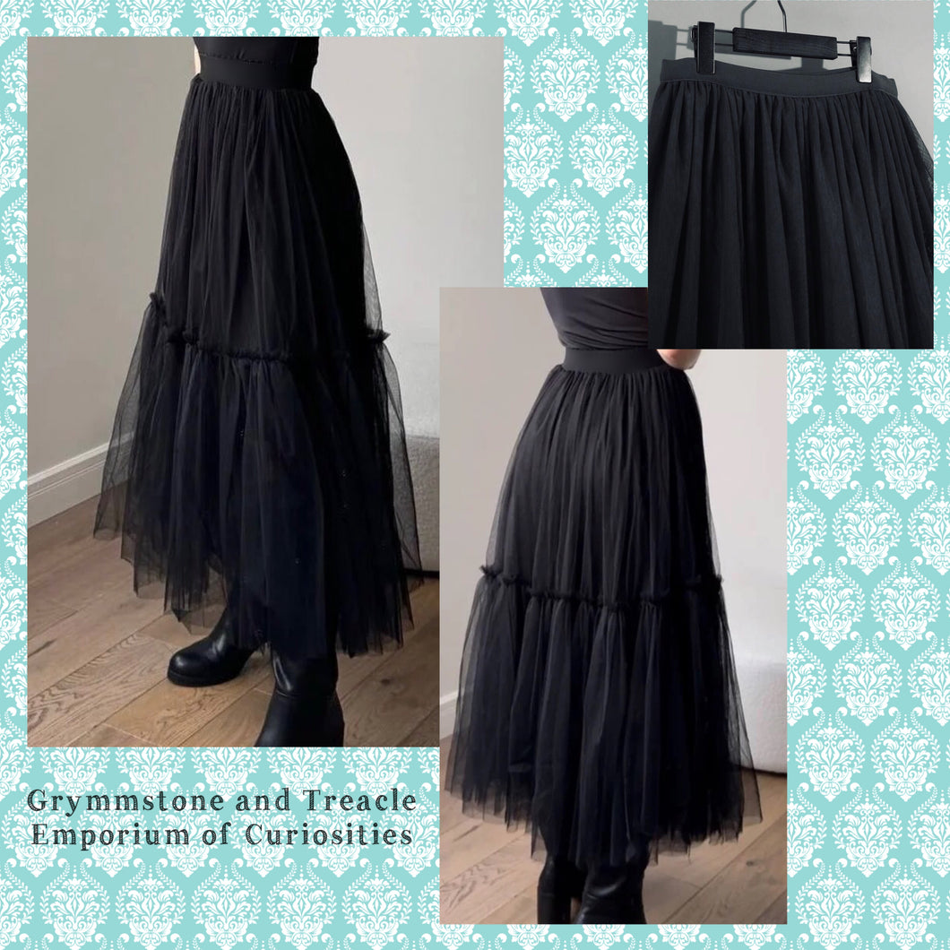 Black Tulle Overlay Skirt with Tiny Mid-Ruffle - Size Medium to Large