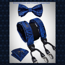 Vintage Style Fabric Six Clip Suspenders Set - with Cufflinks, Bow Tie and Pocket Square