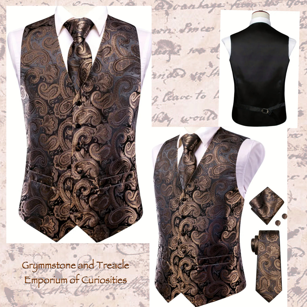 Waistcoat Set in Bronze Paisley with Tie, Cufflinks, and Pocket Square - XL - Chest 120cm