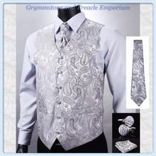 Pale Silver and Grey Paisley Waistcoat Set - with Tie, Pocket Square and Cufflinks - L/ Chest 116cm