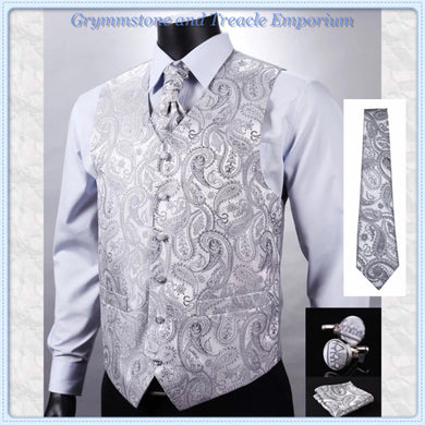 Pale Silver and Grey Paisley Waistcoat Set - with Tie, Pocket Square and Cufflinks - L/ Chest 116cm